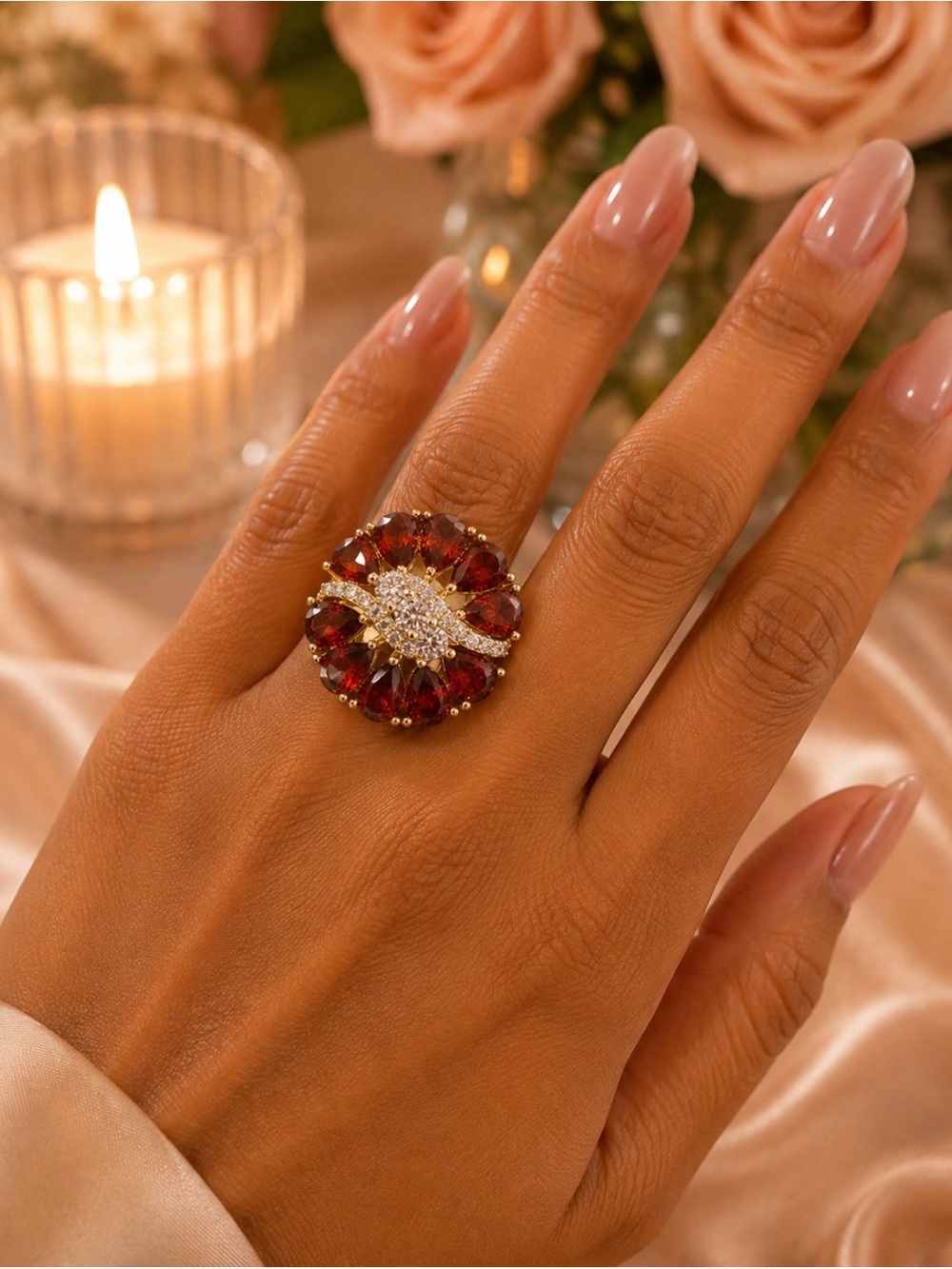 Luxury Red Gemstone Cocktail Ring with Pavé Accents size 6